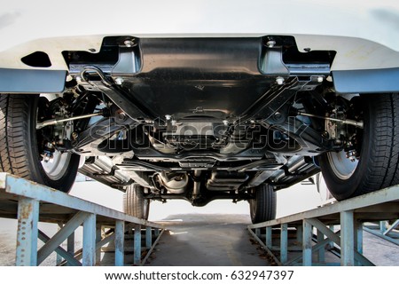 Suspension car, Chassis Pickup truck on stand car show Royalty-Free Stock Photo #632947397