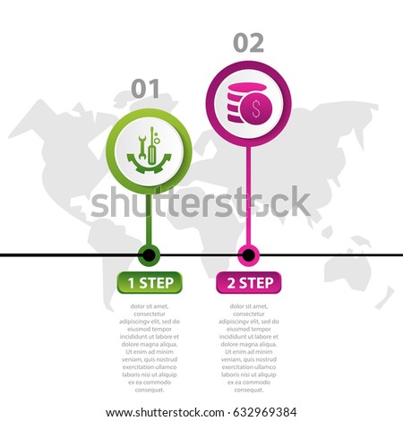 Vector illustration. Infographic pattern with the image of 2 circles, in the form of a drop. 3d style with world map and two steps. Used for business presentations, education, web design.