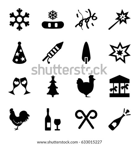 Year icons set. set of 16 year filled icons such as chicken, opened champagne, pine-tree, clink glasses, christmas tree, candy cane, fireworks, party hat, confetti, snowflake