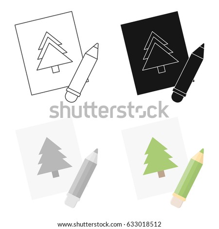 A green pencil with a picture. A pencil picture of a fir-tree. A pencil with a wooden covering.Illustration for web and mobile design.