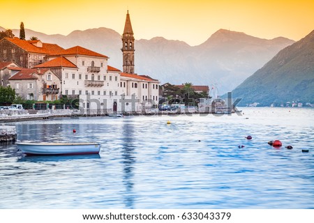 Beautiful sunny morning in Perast, Montenegro, mediterranean landscape, Kotor bay (Boka Kotorska), Montenegro, Europe, old historical town and resort. Royalty-Free Stock Photo #633043379