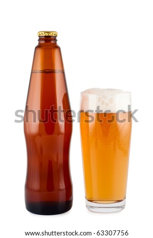 Beer, bottle, glass, isolated on white background.