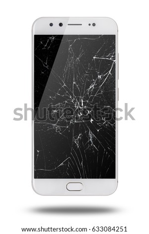 Mobile modern touch screen smartphone with broken screen isolated on white background.