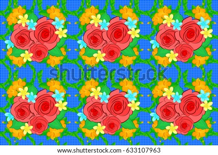 Ethnic towel, henna style. Can be used for greeting card background, backdrop, textile. Raster Indian floral rose flowers and green leaves pattern. Seamless ornament print on a blue background.