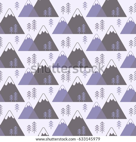 Seamless vector pattern with mountains and pine trees, swatch inside