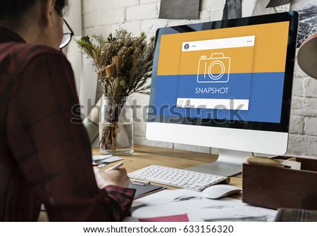 People using computer working with camera icon graphic