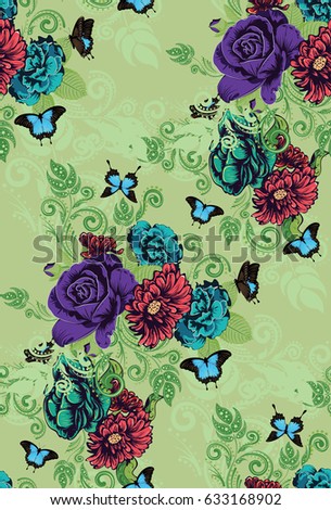 Vintage flower ornament with roses and flying butterflies, floral composition.