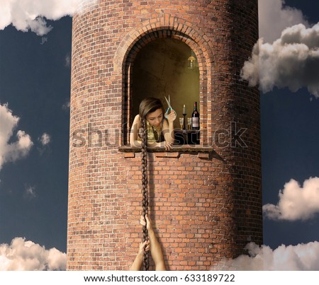 The attractive girl is waiting for her lover in a high tower.