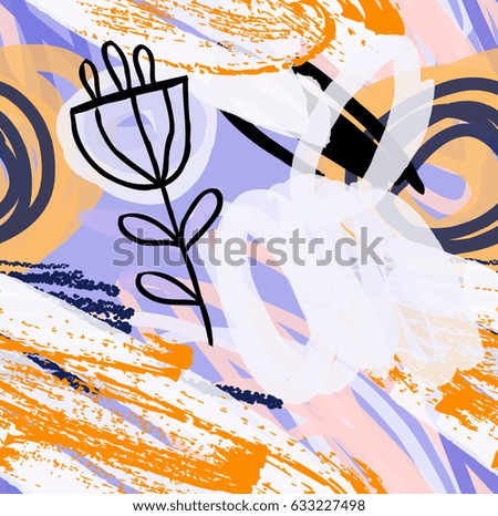 Scribbles and doodles with rough drawn flower and grunge texture.Abstract seamless pattern. Universal bright background for greeting cards, invitations. Had drawn ink and marker watercolor texture.