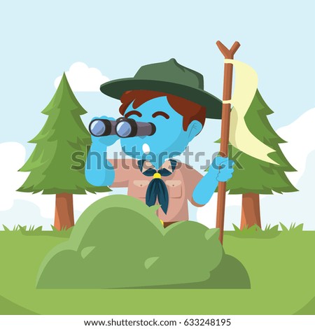 blue boy scout behind bush with binocular