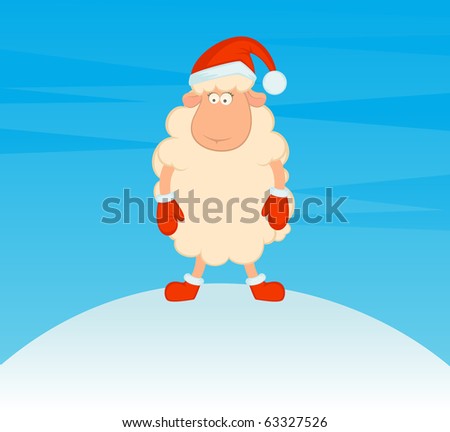Cartoon funny sheep in the suit of Santa Claus. Vector