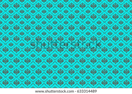 Raster illustration. Damask seamless pattern in blue and brown colors.