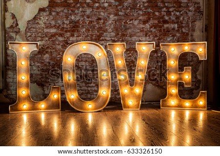 Metal letters with small lamps, love sign lighting with bulb lights