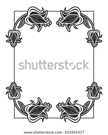 Black and white abstract vertical frame with decorative flowers. Copy space. Vector clip art.
