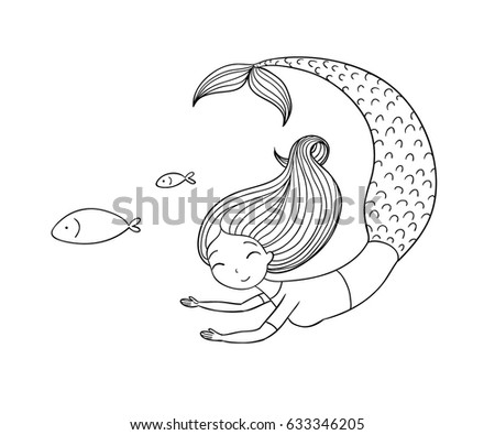 Beautiful little mermaid and fish. Siren. Sea theme. isolated objects on white background. Vector illustration. 