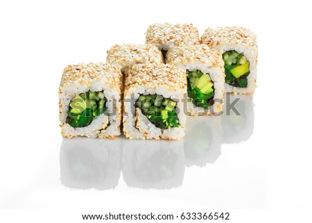 Vegetarian california sushi roll with cucumber and avocado isolated on white 