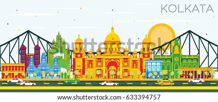 Kolkata Skyline with Color Landmarks and Blue Sky. Vector Illustration. Business Travel and Tourism Concept with Historic Buildings. Image for Presentation Banner Placard and Web Site. Royalty-Free Stock Photo #633394757