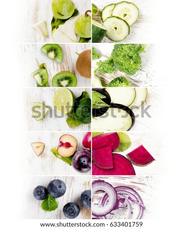 Top view of colorful mix stripes with fruits and vegetables; healthy eating concept; white space for text