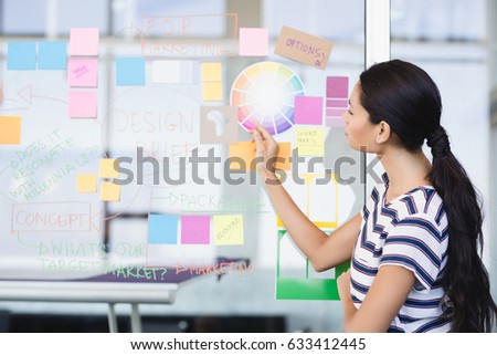 Businesswoman looking at plan on glass wall in office