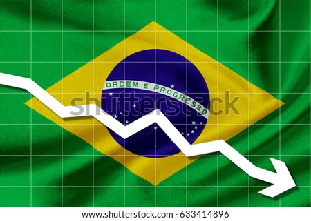White arrow down on the flag of Brazil as background