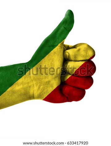 Hand making thumbs up sign.Congo,Republic painted with flag as symbol of thumbs like,up,okay. Isolated on white background.