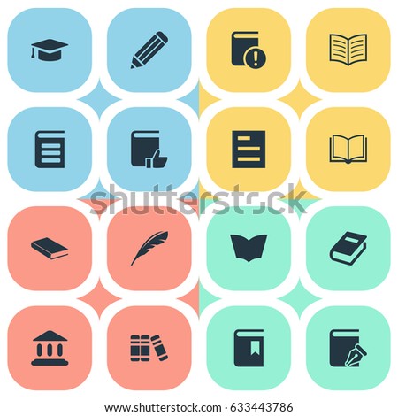Vector Illustration Set Of Simple Education Icons. Elements Book Cover, Encyclopedia, Pen And Other Synonyms Building, Hat And List.