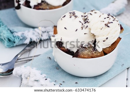 Freshly baked homemade blueberry lavender cobbler topped with vanilla ice cream. Selective focus on dish in foreground with extreme shallow depth of field. Perfect dessert for spring or summer.