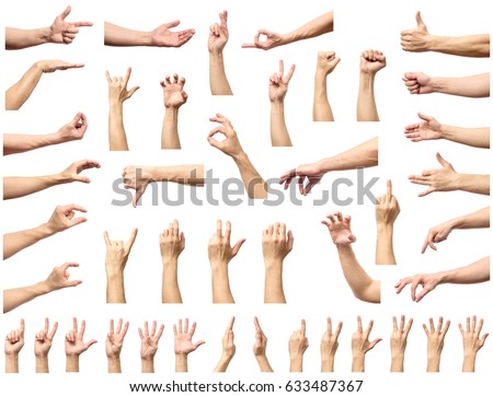 Multiple male caucasian hand gestures isolated over the white background, set of multiple images Royalty-Free Stock Photo #633487367