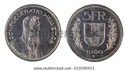 Swiss Money Coin - 5 Francs, isolated on white background with clipping path. 1999.