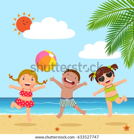 Happy kids jumping on the beach