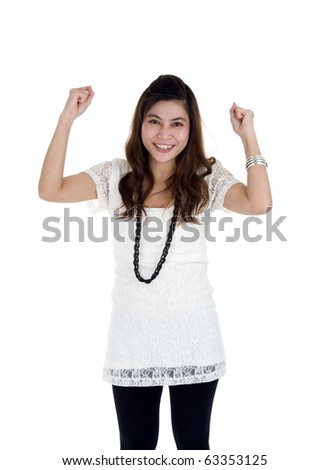 woman cheering with her fists in the air, isolated on white background