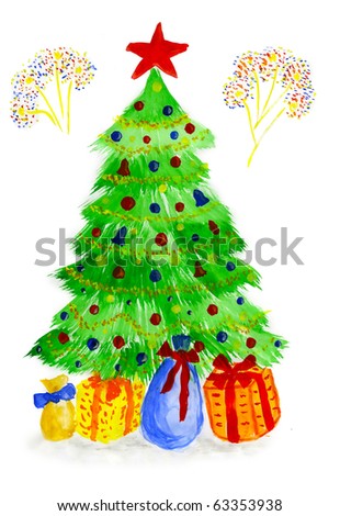 Children's picture â?? New year, Christmas - a fur-tree with garlands and balls, gifts and fireworks