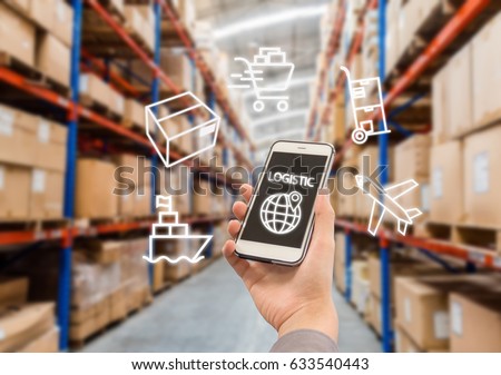 Warehouse storage of retail merchandise shop. Businessman checking inventory in stock room of a manufacturing company on smartphone Royalty-Free Stock Photo #633540443