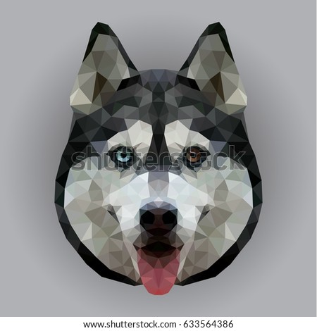 The dog face of the Husky breed with different eyes and an open mouth consisting of triangles. Polygonal style