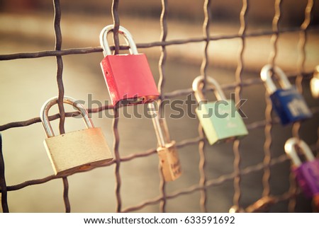 Love padlocks on the railing of a bridge, Berlin, Germany.