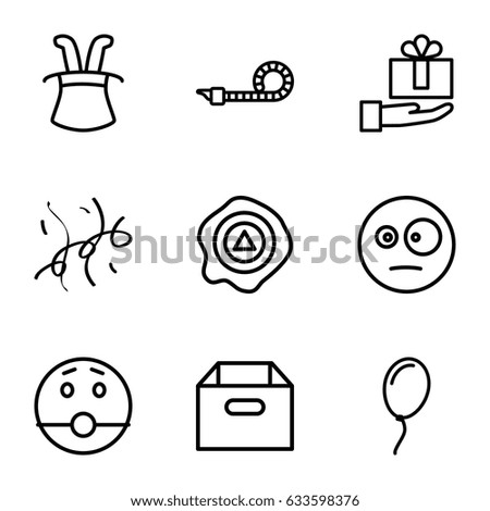 Surprise icons set. set of 9 surprise outline icons such as arrow up, party pipe, confetti, balloon, surprised emot, box, magic hat