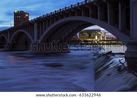 Downtown Minneapolis Bridges, 3rd Avenue and Hennepin Avenue over the Mississippi River at Twilight