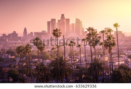 Beautiful sunset of Los Angeles downtown skyline and palm trees in foreground Royalty-Free Stock Photo #633629336