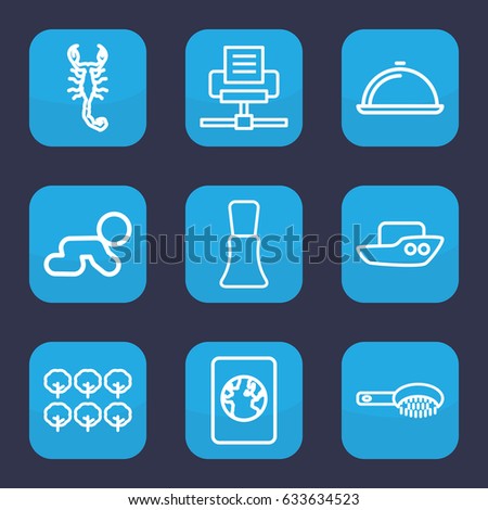 Background icon. set of 9 outline background icons such as scorpion, tree, boat, hair brush, nail polish, dish, passport, crawling baby