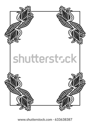 Black and white abstract vertical frame with decorative flowers. Copy space. Vector clip art.