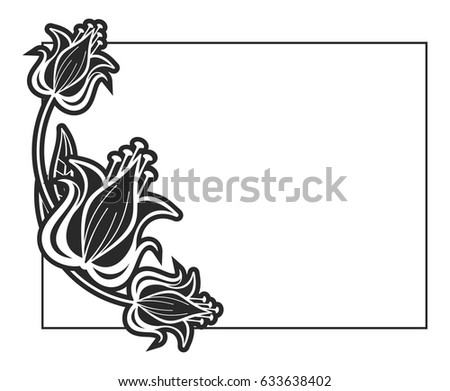Black and white abstract horizontal frame with decorative flowers. Copy space. Vector clip art.