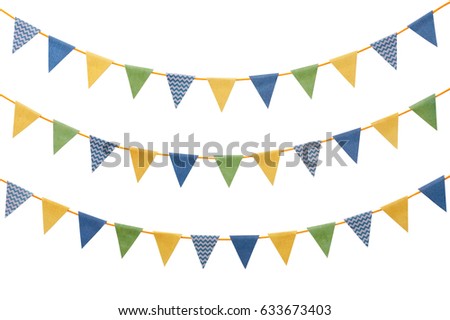 Bunting party flags made from scrapbook paper isolated on white background Royalty-Free Stock Photo #633673403