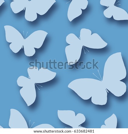 Seamless pattern of paper butterflies with shadow