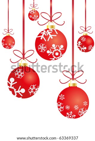 Vector illustration of Christmas balls with red ribbons hanging