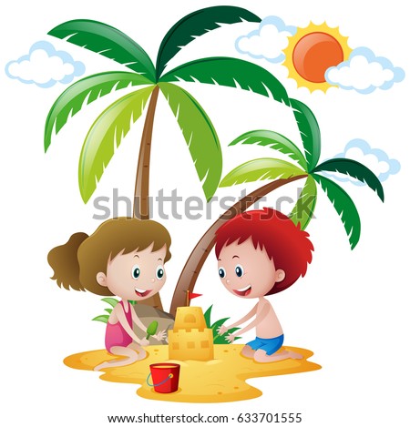 Boy and girl building sandcastle illustration