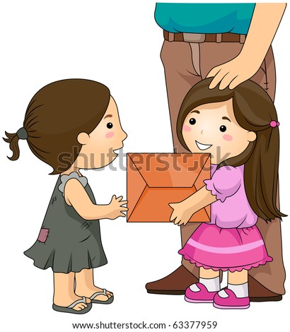 Illustration of a Neatly Dressed Girl Giving a Package to a Shabby Looking Girl