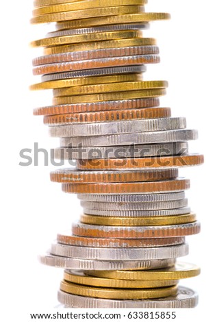 Columns of coins, piles of coins arranged on white background, business idea.