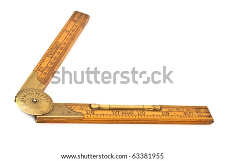 Antique folding rule with brass level and protractor isolated