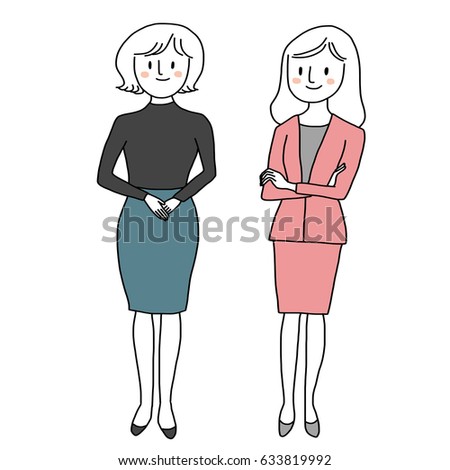 Set of cute and professional businesswoman such as woman standing with arms crossed, woman smiling with folded hands. Vector illustration with hand-drawn style.