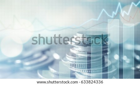 Double exposure of grid, graph and rows of coins for finance and business concept